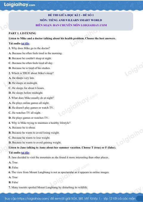 Đề thi giữa kì 2 Tiếng Anh 9 iLearn Smart World - Đề số 1